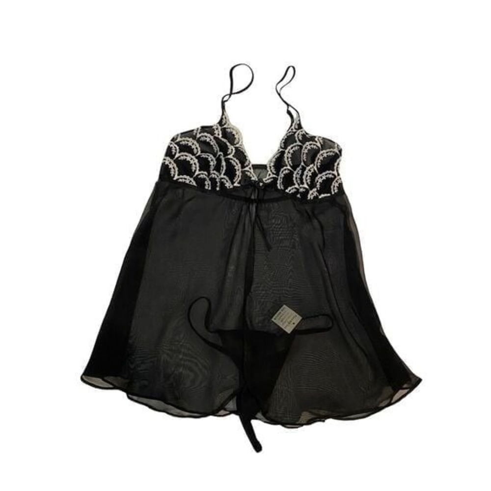 Black‎ Sheer Embroidered Bodice Open Front Teddy Slip Mini Dress Size Small